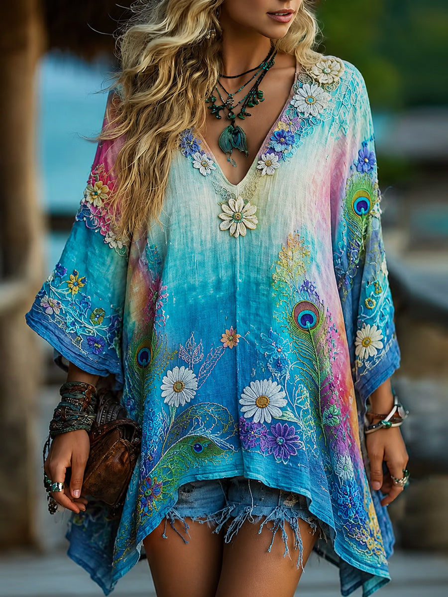 Women's Bohemian Casual Art Print Retro Washed V-Neck Long Sleeve Top